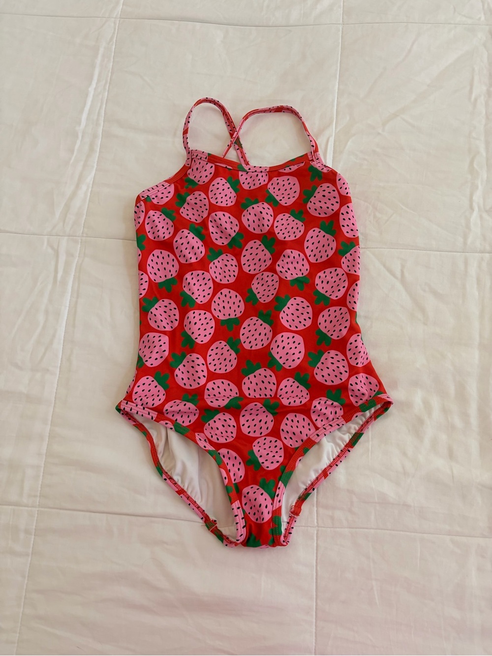 Hanna Andersson Red One-Piece Swimsuit with Pink Strawberry Print